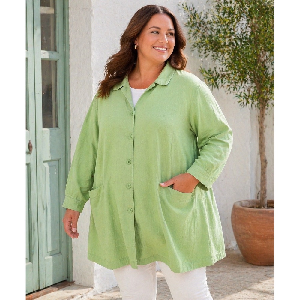 Woman Within Shirt Jacket Womens 5X Green Cotton Spring Shacket Barn‎ Coat